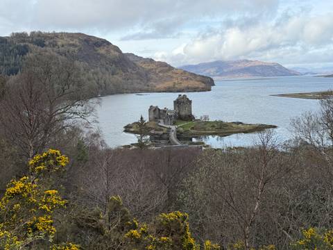       Eilean Donan Castle seen across Loch Duich framed by spring gorse and mountains.
  