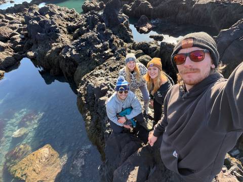       A group selfie atop rugged coastal lava rocks with crystal-clear tide pools.
  