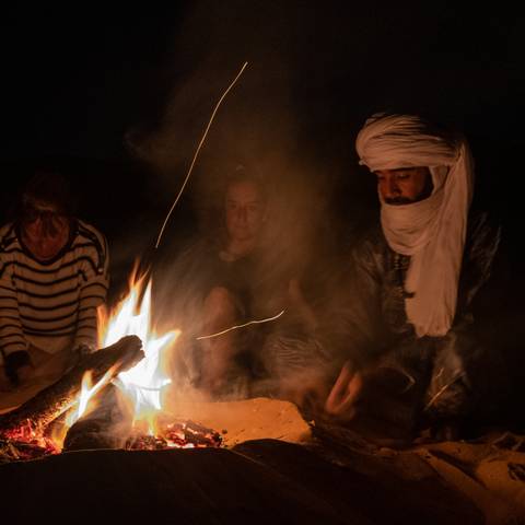       Travelers and a turbaned guide sit around a campfire in the desert at night, sparks rising.
  