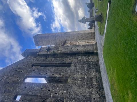       Weathered stone ruins and tall tower of Rock of Cashel framed by vibrant grass and moody clouds.
  
