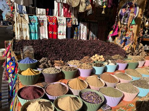       Array of vividly coloured spices, herbs and natural products displayed in striped cups at an outdoor Egyptian souk.
  