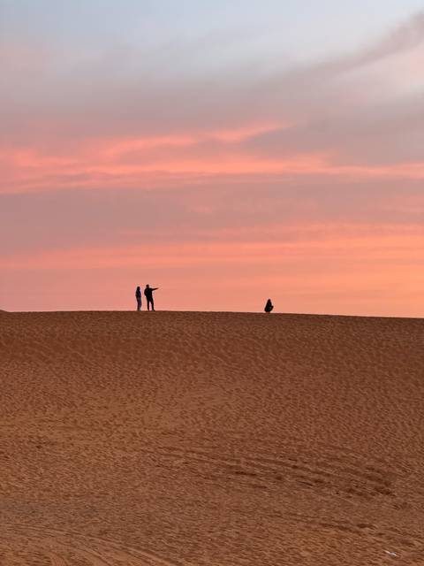       Three figures stand in silhouette on a dune against a vivid pink twilight sky.
  