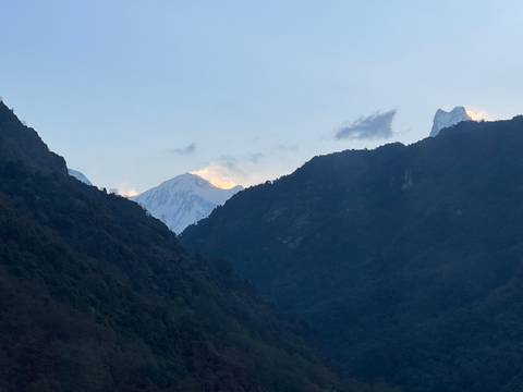       Distant snowy peaks peeking through dark green mountain ridges under a pale sky.
  