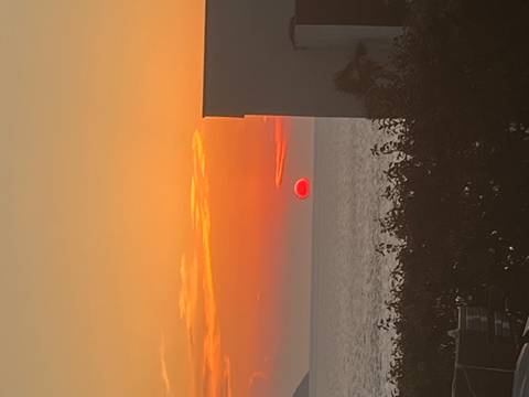       Fiery orange sun setting over a calm sea with a silhouetted building on the right and shrubs in the foreground.
  