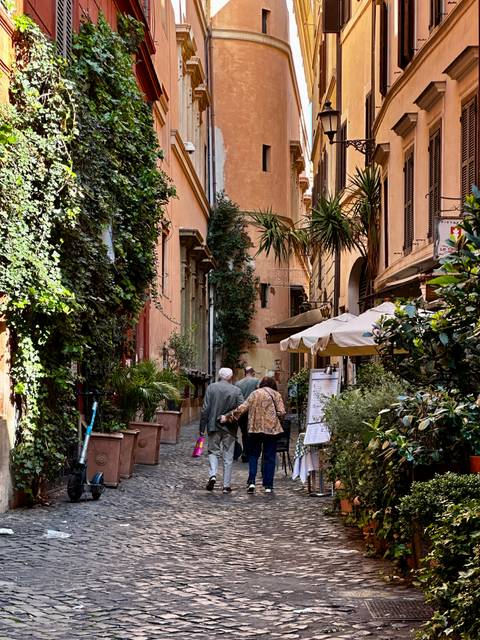      Charming narrow alley in Rome lined with greenery, cafes and diners strolling under warm light
  