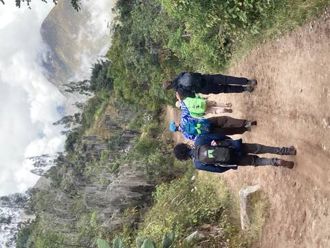       Back view of trekkers with backpacks walking along a dirt trail through lush Andean scenery.
  