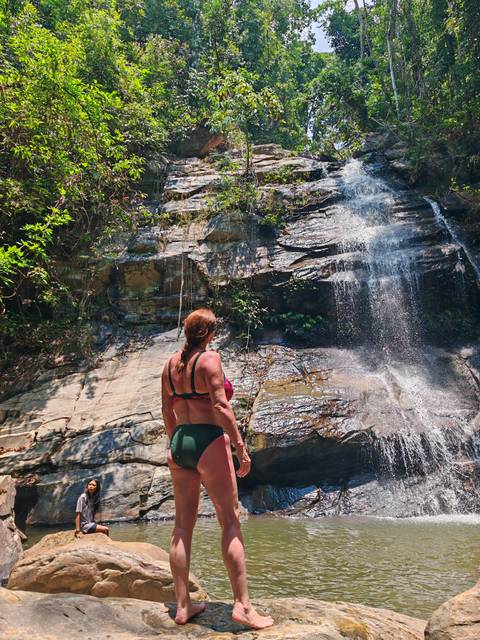       Woman in swimwear stands at the base of a small jungle waterfall admiring the cascading water.
  