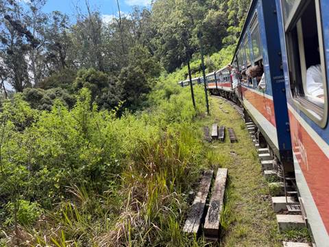       Colourful train curving through lush green highland vegetation with passengers leaning out
  