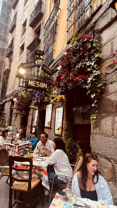       Charming stone restaurant façade adorned with hanging flower baskets and a sign reading 'MESON'.
  