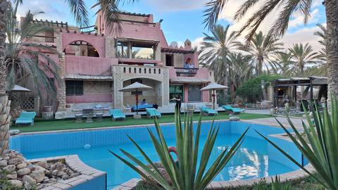       Desert oasis hotel with pink adobe architecture, palm trees and a turquoise swimming pool.
  