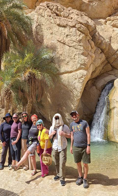       Travel group standing before a palm-fringed waterfall flowing down a rocky cliff in an oasis canyon.
  