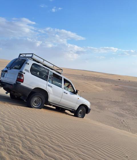       White 4×4 vehicle tilts down a golden sand dune in open desert under blue sky.
  