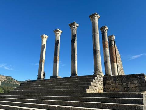      Roman columns of ancient Volubilis rising against a bright blue Moroccan sky.
  
