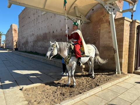       Mounted royal guard in ornate red uniform and green hat stationed beside historic walls in Rabat.
  