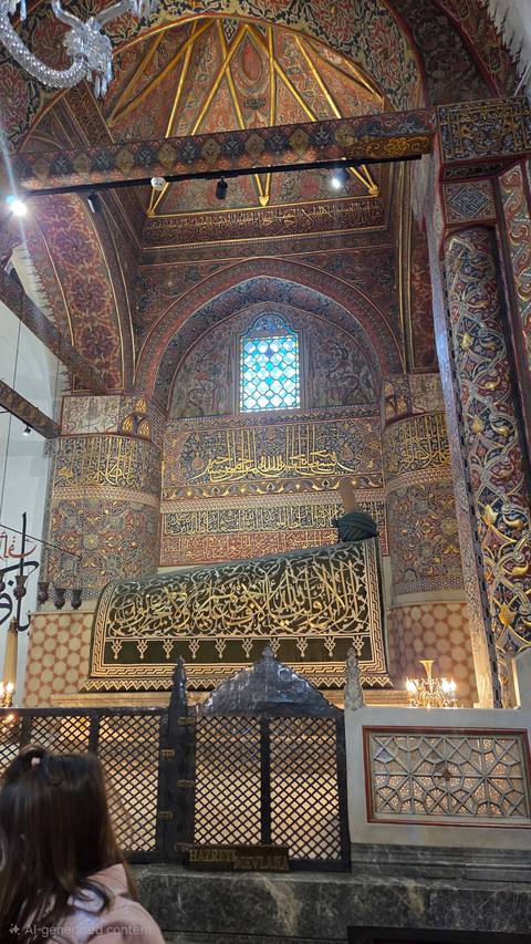       Richly decorated mosque or mausoleum interior with intricate Ottoman calligraphy, floral motifs, and a stained glass window.
  