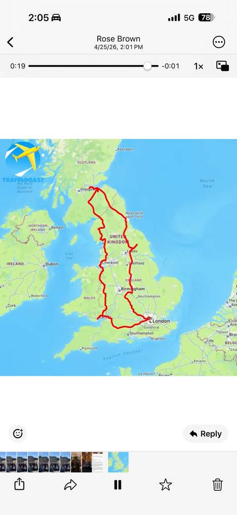       Simplified map of the United Kingdom with a red travel route marked from London to Scotland and back.
  