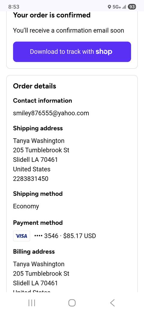       Screenshot of a shipping address and contact details on a white background.
  