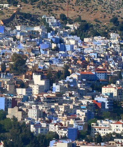       Panoramic view of Chefchaouen’s blue-painted houses cascading down the hillside
  