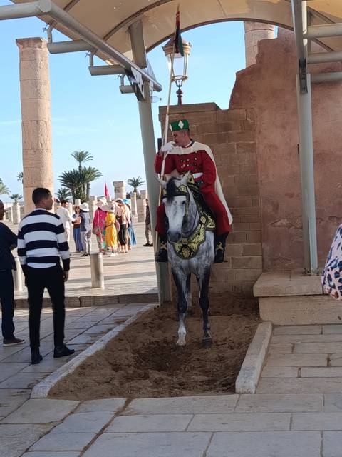       Uniformed guard on horseback stands at a historic Moroccan site while tourists watch.
  