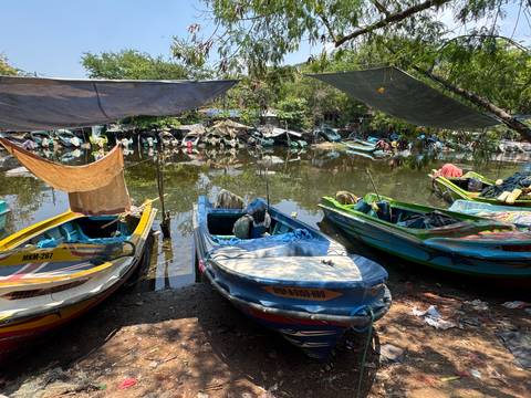       Colorful motorboats moored under tarps on a calm, debris-filled waterway.
  