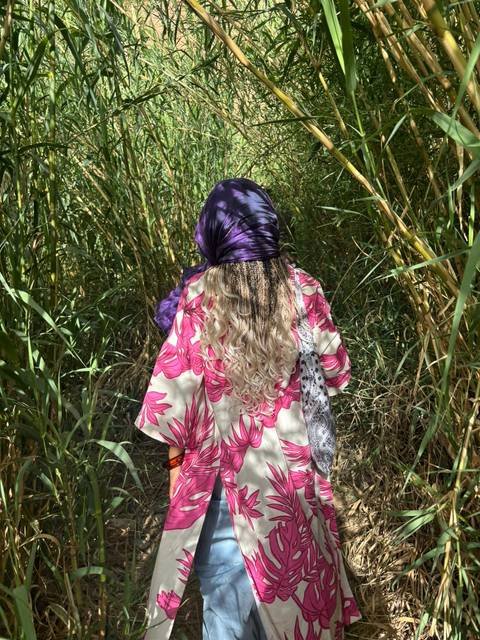       A traveler with braided blond hair and colorful scarf walks through dense reed vegetation.
  