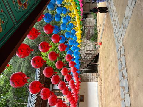       Colorful strings of lanterns hanging in rows at a temple courtyard surrounded by forest.
  