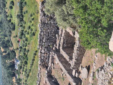       Stone foundations and walls of ancient Mycenaean structures set amid a green valley landscape.
  
