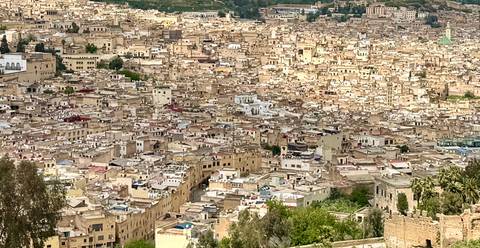       Expansive aerial view of the tightly packed clay-coloured rooftops of Fes medina.
  