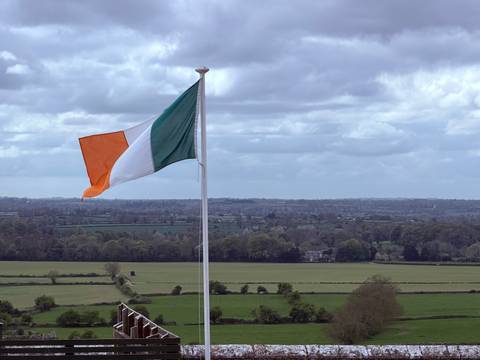       Irish tricolor flag flying high above patchwork green countryside and hedgerows.
  