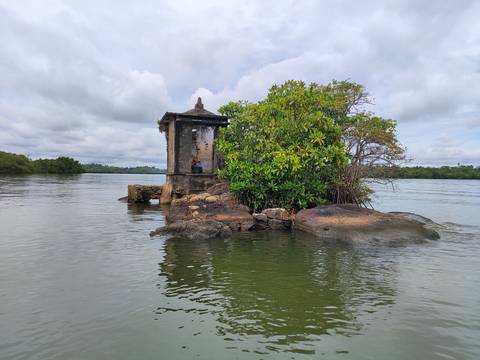       Tiny stone shrine perched on a rock beside lush mangroves in a calm lagoon.
  