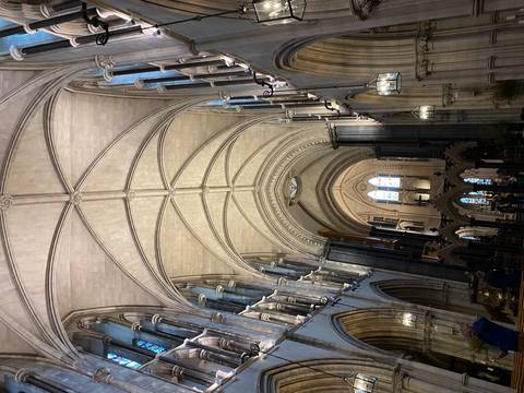       Gothic vaulted ceiling and nave of a grand Irish cathedral lit by stained glass windows.
  