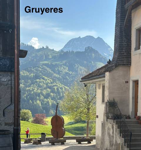       Alpine village scene with chalet roofs and snow-capped mountains in the background.
  