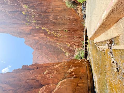       Towering red sandstone cliffs forming narrow gorge with shallow stream and footpath.
  