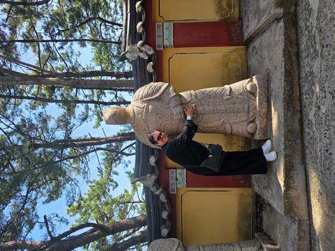       Woman hugging an ancient stone warrior statue in a pine-lined historic park.
  