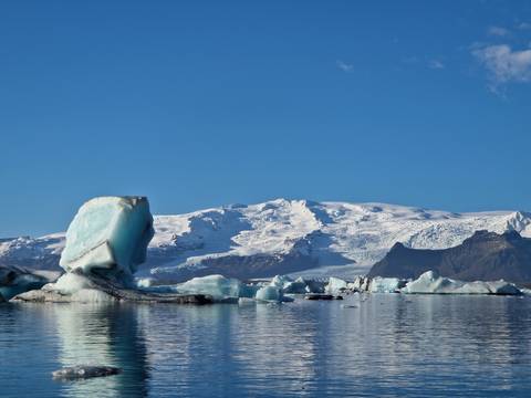       Blue icebergs drift on a placid lagoon with a snow-covered glacier and clear sky behind.
  