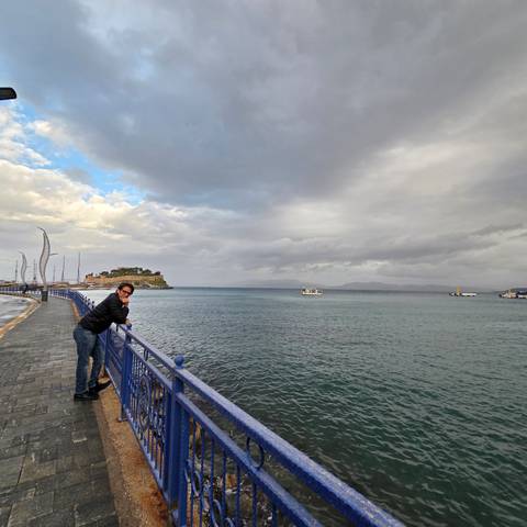       A traveler leans on a blue seaside railing, looking out over a bay with distant boats and a cloudy sky.
  