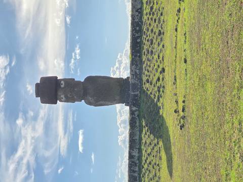       Single Moai with pukao topknot standing on stone platform under partly cloudy sky
  