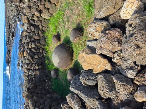       Circular arrangement of rounded volcanic stones inside a low rock enclosure beside the sea
  