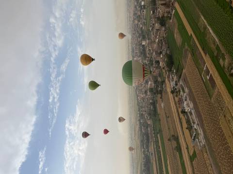       Dozens of colorful hot-air balloons float over patchwork fields and small villages viewed from above.
  