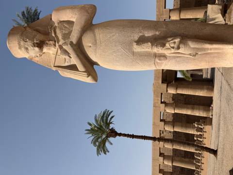       Elegant sandstone statue of an Egyptian queen with a lone palm tree and temple colonnade behind it under clear sky.
  