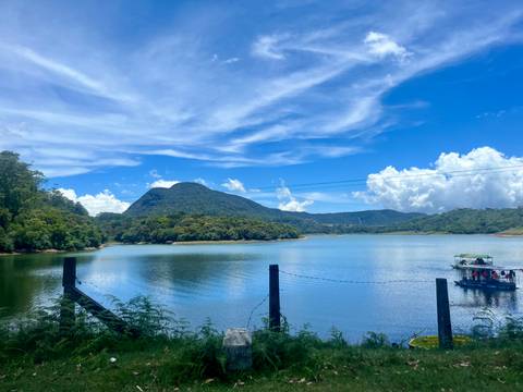       Serene lake surrounded by forested hills beneath wispy clouds.
  