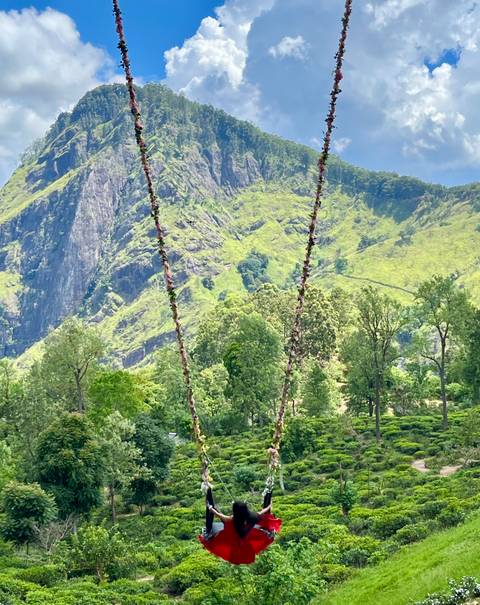       Verdant mountains with two tall flower-covered poles framing the view.
  