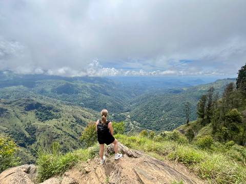       Female hiker stands on a rocky ledge surveying vast misty valleys below.
  