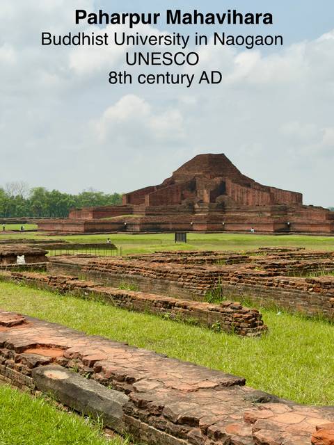      Impressive pyramidal brick remains of Somapura Mahavihara rising above surrounding ruins.
  