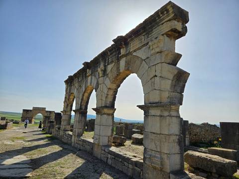       Stone arches of ancient Roman ruins at Volubilis stand under bright afternoon light.
  