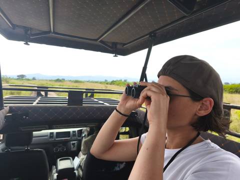       Traveler stands inside an open safari vehicle scanning the savanna with binoculars.
  