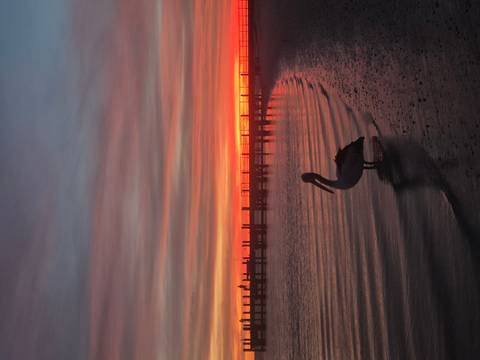       Silhouette of a pelican standing in shallow water with a fiery orange sunset behind a wooden jetty
  