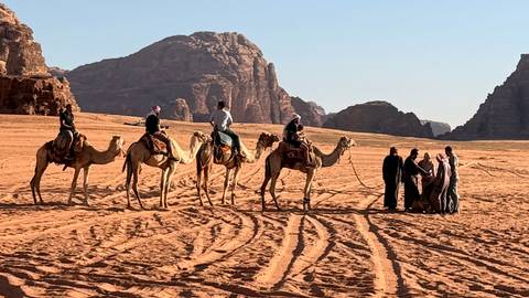       Line of camel riders crosses the orange sands of Wadi Rum with rugged mountains behind.
  