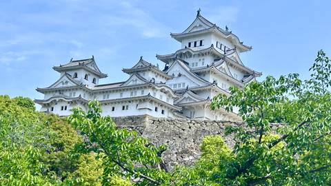       Elegant white Himeji Castle rising above lush green trees and massive stone base on a sunny day.
  