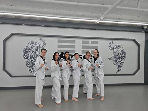       Travelers dressed in white taekwondo uniforms posing proudly in a modern dojang decorated with tiger murals.
  